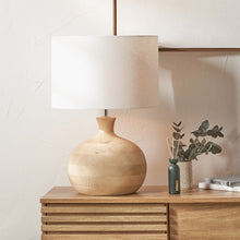 Load image into Gallery viewer, Kiah round natural mango wood table lamp base with white linen fabric drum shade.