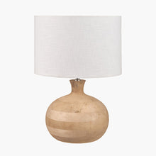 Load image into Gallery viewer, Kiah round natural mango wood table lamp base with white linen fabric drum shade.