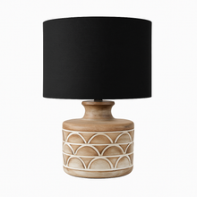 Load image into Gallery viewer, Kingsbury large natural mango wood table lamp with black linen shade. Ideal for a minimalist aesthetic.
