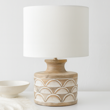 Load image into Gallery viewer, Kingsbury large natural mango wood table lamp with white linen shade. Ideal for a minimalist aesthetic.