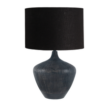 Load image into Gallery viewer, Black textured wooden lamp base with black linen fabric lamp shade. Perfect for a minimalist interior.