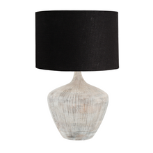 Load image into Gallery viewer, Manaia white wash ribbed wood table lamp base with a black linen fabric lamp shade.