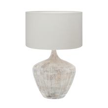 Load image into Gallery viewer, Manaia white wash ribbed wood table lamp base with a white linen fabric lamp shade.