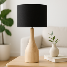 Load image into Gallery viewer, Corella natural wood table lamp base with black linen fabric drum shade. The perfect scandi boho interior lighting.