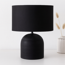 Load image into Gallery viewer, Nelu black mango wood table lamp base with a black linen shade. Perfect for a stylish minimalist aesthetic.