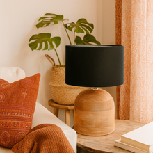 Load image into Gallery viewer, Nelu natural mango wood table lamp base with a black linen shade. Perfect for a bohemian interior.