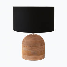 Load image into Gallery viewer, Nelu natural mango wood table lamp base with a black linen shade. Perfect for a bohemian interior.