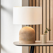 Load image into Gallery viewer, Nelu natural mango wood table lamp base with a white linen shade. Perfect for a bohemian interior.
