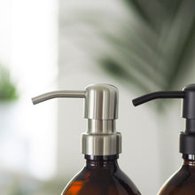 Load image into Gallery viewer, Amber Glass Or Plastic Dispenser Bottle With Stamped Personalised Label And Silver Metal Pump