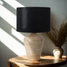 Load image into Gallery viewer, Tall white wash ribbed wooden lamp base with large black linen shade. Ideal for a minimalist bohemian or scandi interior.