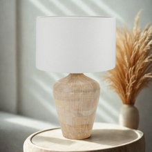 Load image into Gallery viewer, Tall white wash ribbed wooden lamp base with large white linen shade. Ideal for a boho home.