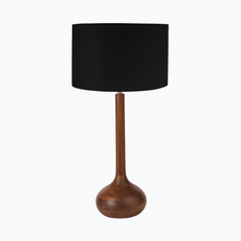 Load image into Gallery viewer, Toma oiled dark wood table lamp base with a black linen shade.
