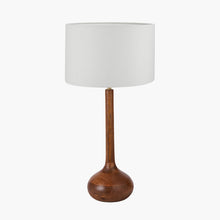 Load image into Gallery viewer, Toma oiled dark wood table lamp base with a white linen shade.