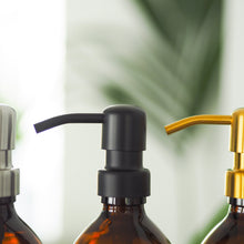 Load image into Gallery viewer, Amber Glass Or Plastic Dispenser Bottle With Stamped Personalised Label And Black Metal Pump