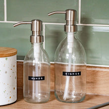 Load image into Gallery viewer, Clear Dispenser Bottle With Stamped Personalised Label & Metal Pump