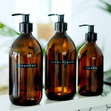 Load image into Gallery viewer, Amber Glass Or Plastic Dispenser Bottle With Stamped Personalised Label And Black Plastic Pump