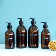 Load image into Gallery viewer, Amber Glass Or Plastic Dispenser Bottle With Stamped Personalised Label And Black Plastic Pump