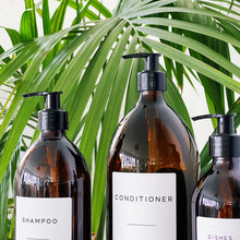Load image into Gallery viewer, Amber Glass Or Plastic Dispenser Bottle With Personalised Label & Black Plastic Pump