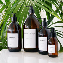 Load image into Gallery viewer, Amber glass dispenser bottles with white waterproof labels