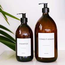 Load image into Gallery viewer, Amber Glass Or Plastic Dispenser Bottle With Personalised Label & Black Plastic Pump