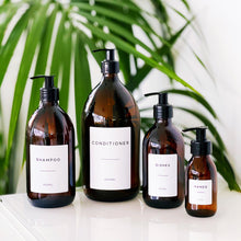 Load image into Gallery viewer, Amber glass dispenser bottles with white waterproof labels