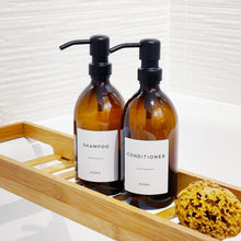 Load image into Gallery viewer, Amber Glass Or Plastic Dispenser Bottle With Personalised Label & Black Metal Pump