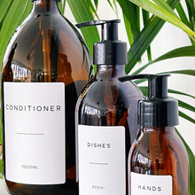 Load image into Gallery viewer, Amber Glass Or Plastic Dispenser Bottle With Personalised Label & Black Plastic Pump