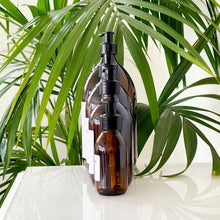 Load image into Gallery viewer, Amber Glass Or Plastic Dispenser Bottle With Personalised Label & Black Plastic Pump