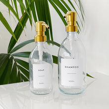 Load image into Gallery viewer, Clear Glass Dispenser Bottle With White Personalised Label And Metal Pump
