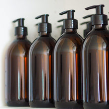 Load image into Gallery viewer, Amber Glass Or Plastic Dispenser Bottle With Black Plastic Pump