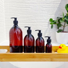 Load image into Gallery viewer, Amber Glass Or Plastic Dispenser Bottle With Black Plastic Pump