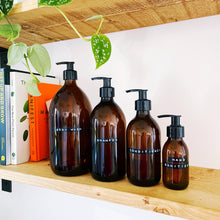 Load image into Gallery viewer, Amber Glass Or Plastic Dispenser Bottle With Stamped Personalised Label And Black Plastic Pump