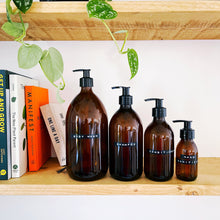Load image into Gallery viewer, Amber Glass Or Plastic Dispenser Bottle With Stamped Personalised Label And Black Plastic Pump