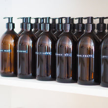 Load image into Gallery viewer, Amber Glass Or Plastic Dispenser Bottle With Stamped Personalised Label And Black Plastic Pump