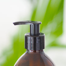 Load image into Gallery viewer, Amber Glass Or Plastic Dispenser Bottle With Stamped Personalised Label And Black Plastic Pump