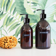 Load image into Gallery viewer, Amber Glass Or Plastic Dispenser Bottle With Stamped Personalised Label And Black Plastic Pump