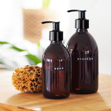 Load image into Gallery viewer, Amber Glass Or Plastic Dispenser Bottle With Stamped Personalised Label And Black Plastic Pump