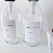 Load image into Gallery viewer, Clear Glass Dispenser Bottle With White Personalised Label And Plastic Pump
