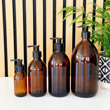 Load image into Gallery viewer, Amber Glass Or Plastic Dispenser Bottle With Black Plastic Pump