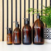 Load image into Gallery viewer, Amber Glass Or Plastic Dispenser Bottle With Black Plastic Pump