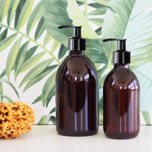 Load image into Gallery viewer, Amber Glass Or Plastic Dispenser Bottle With Black Plastic Pump