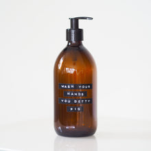 Load image into Gallery viewer, Amber Glass Or Plastic Dispenser Bottle With Stamped Personalised Label And Black Plastic Pump
