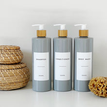 Load image into Gallery viewer, Grey Plastic Dispenser Bottle With White Personalised Label And Bamboo Pump