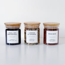 Load image into Gallery viewer, Loose Leaf Tea Storage Jar With White Personalised Label And Airtight Bamboo Lid