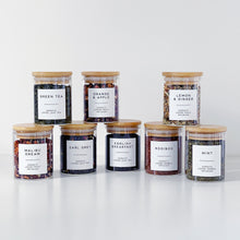 Load image into Gallery viewer, Loose Leaf Tea Storage Jar With White Personalised Label And Airtight Bamboo Lid