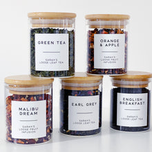 Load image into Gallery viewer, Loose Leaf Tea Storage Jar With White Personalised Label And Airtight Bamboo Lid