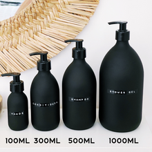 Load image into Gallery viewer, Matt Black Glass Dispenser Bottle With Stamped Personalised Label &amp; Black Plastic Pump
