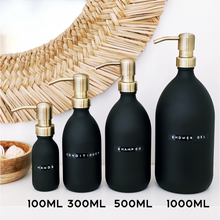 Load image into Gallery viewer, Matt Black Glass Dispenser Bottle With Stamped Personalised Label &amp; Light Brushed Gold Metal Pump
