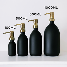 Load image into Gallery viewer, Matt Black Glass Dispenser Bottle With Light Brushed Gold Metal Pump
