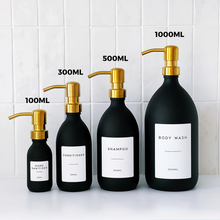 Load image into Gallery viewer, Matt Black Glass Dispenser Bottle With Personalised Label &amp; Gold Metal Pump

